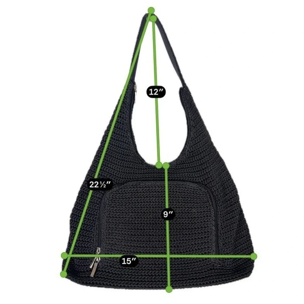 Unbranded Black Crochet Hobo Shoulder Bag Bow Zip Pocket Rayon
